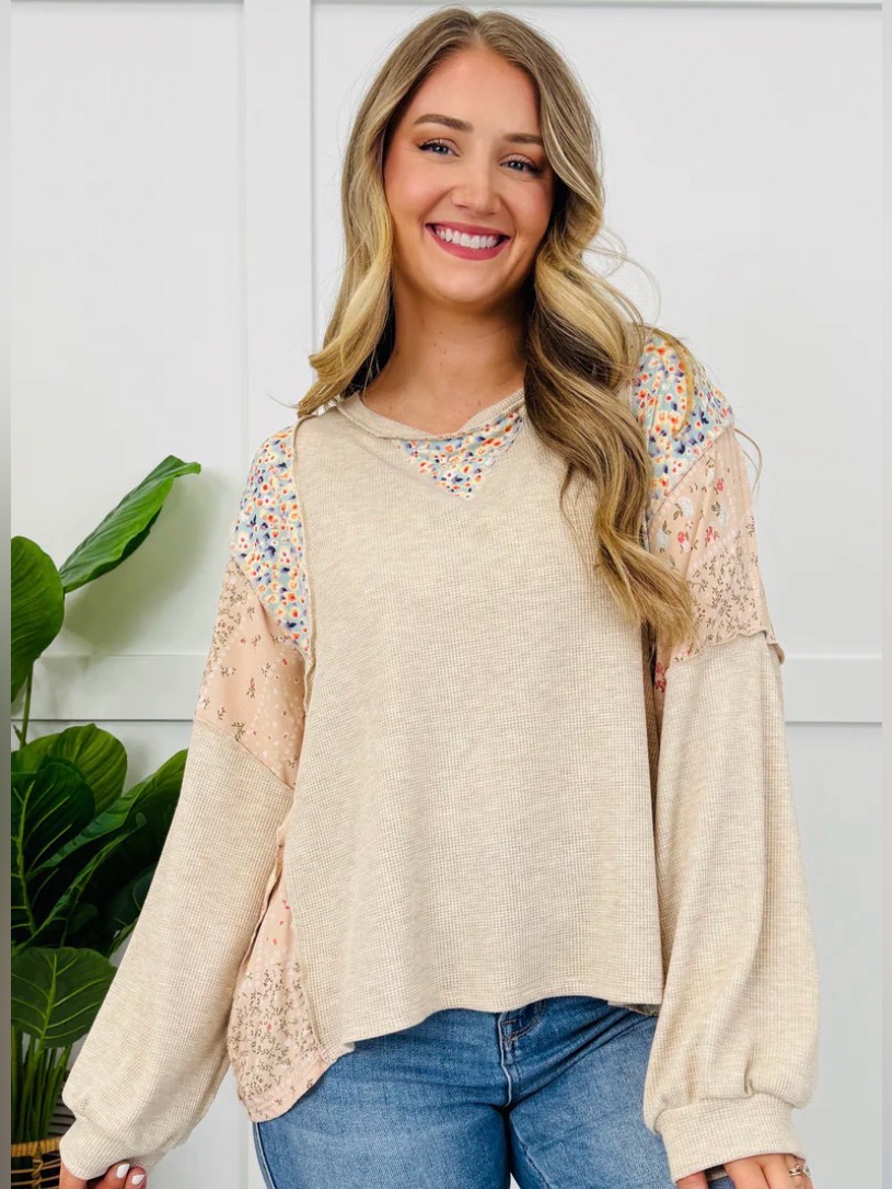 Haptics~Women's Beige Floral Patchwork Pullover Top Nwot